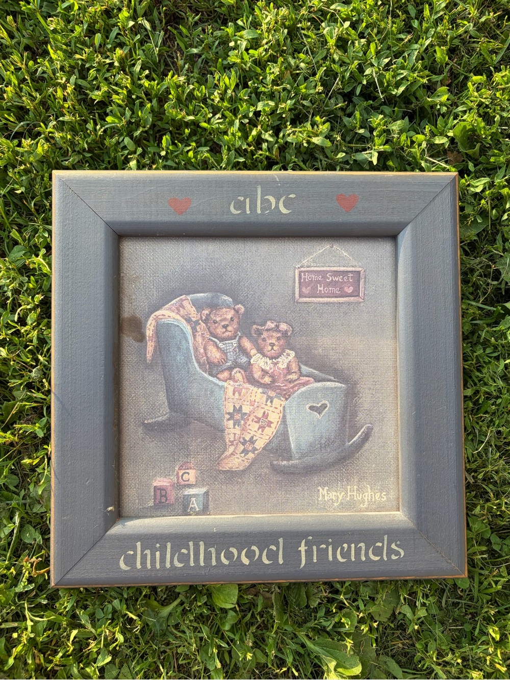 Vintage Children’s Wood Square Picture Frame Teddy Bears Hanging Wall Mount